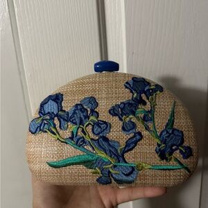 Floral Embroidered Clutch with Blue Accents